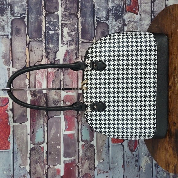 Houndstooth Check Vegan Leather Dome Shaped Satchel Bag - Picture 2 of 9